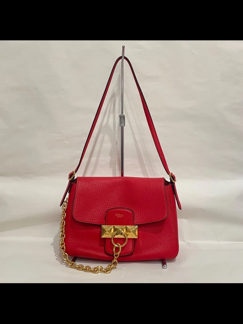 Mulberry Red Pebbled Leather Shoulder Bag with Gold Chain